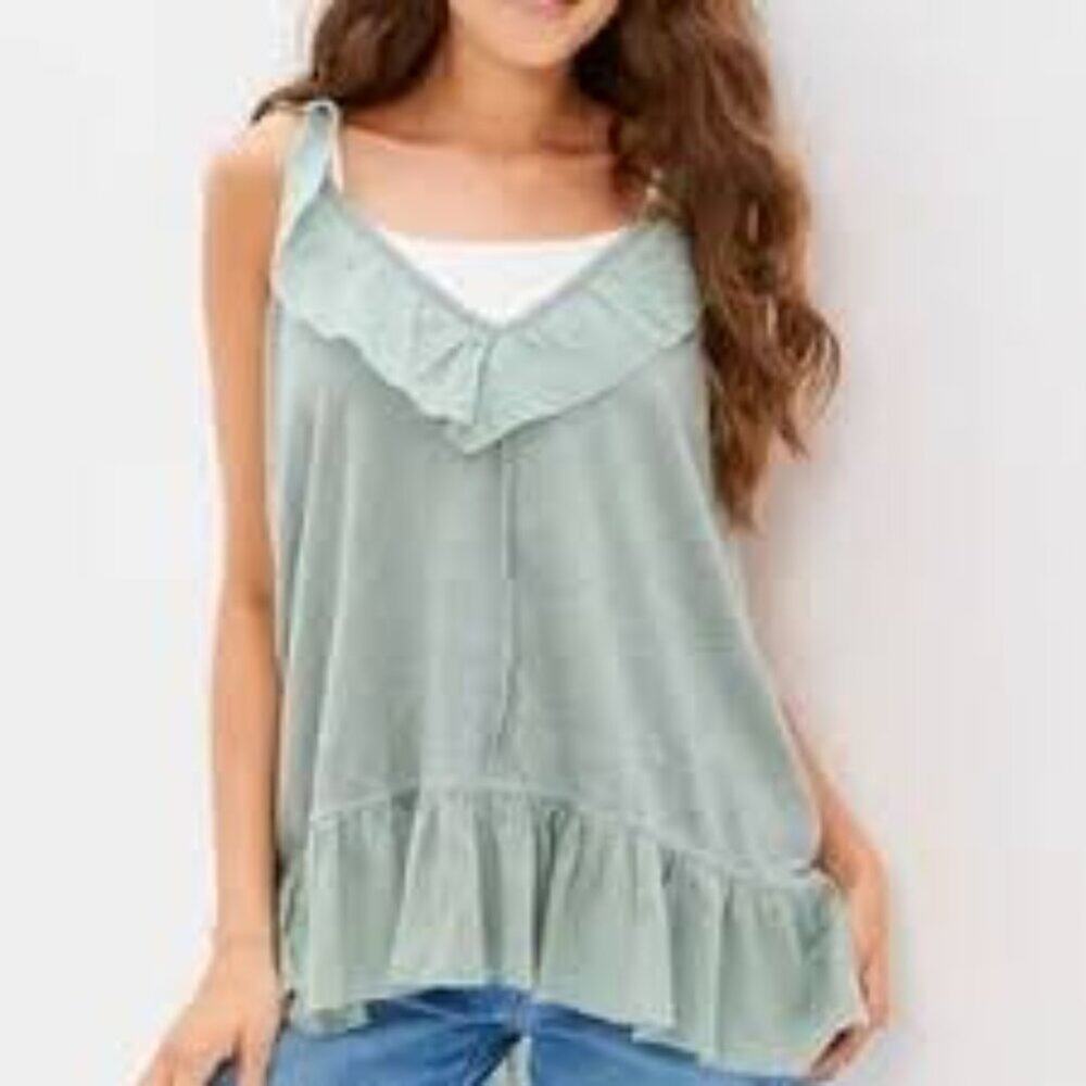 AMERICAN EAGLE OUTFITTERS RUFFLE GREEN V-NECK WOMEN TANK TOP SIZE SMALL NEW